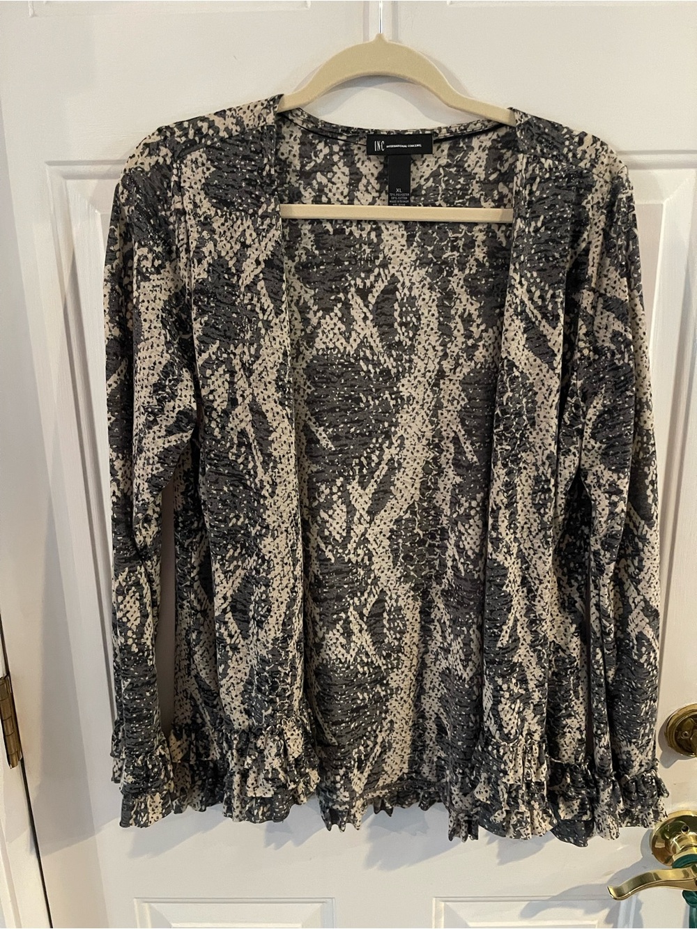 INC International Concepts Black & Cream Open Front Ruffle Hem Cardigan XL